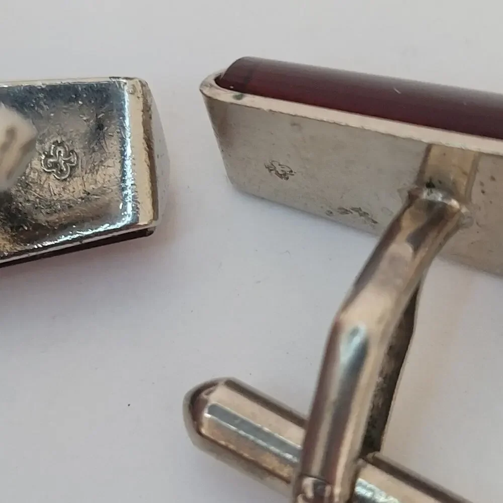 Cufflinks Silver Tone Brown Rectangle Cabochon Cufflinks Vintage‎ Retro